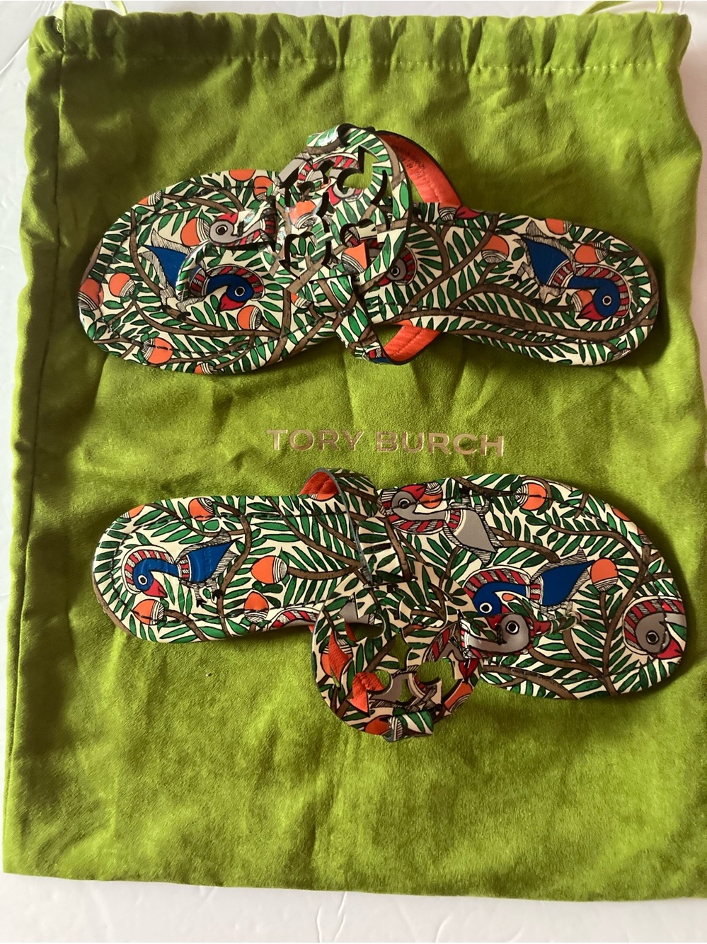 Tory Burch SZ 7M Peacock Wild Bird Print Slide Sandals in Green, Blue.Rare!